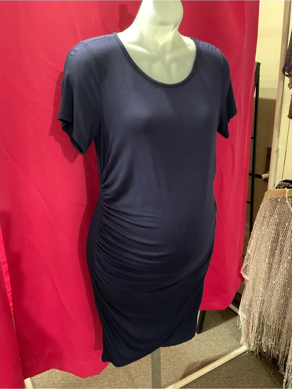 Hello MIZ Navy Maternity Side-Ruched Scoop Neck Dress
